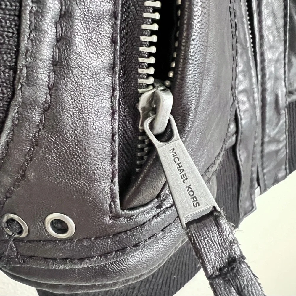 MICHAEL MICHAEL KORS Genuine Leather Knit Trim Bomber Jacket in Black